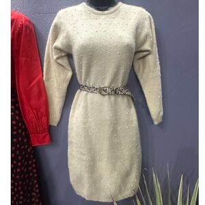 Ultra soft cozy Sweater Dress Womens Small Beige Angora Wool Blend Pearl accents